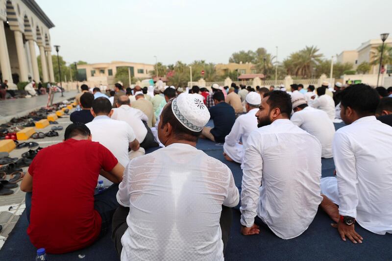 Dubai, United Arab Emirates - August 11, 2019: Early morning Eid prayers take place at Al Farooq Omar Bin Al Khattab Mosque. Sunday the 11th of August 2019. Al Farooq Omar Bin Al Khattab Mosque, Dubai. Chris Whiteoak / The National