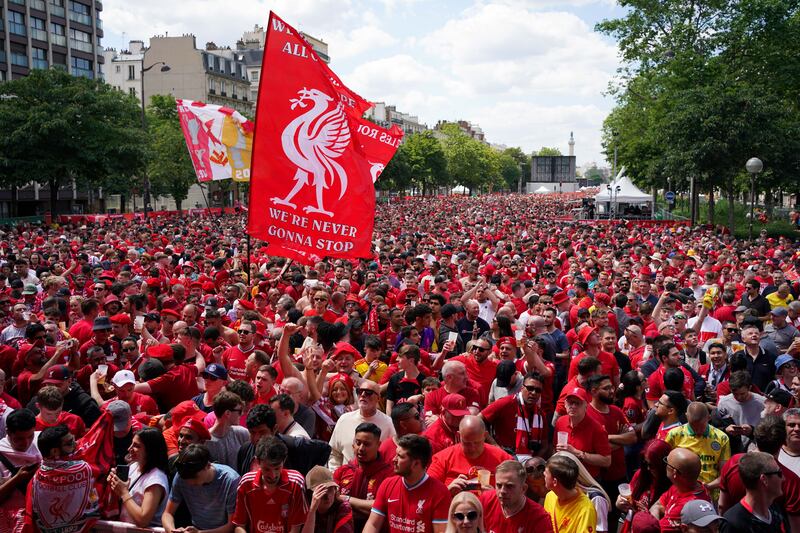 Liverpool supporters in a fan zone in Paris. PA