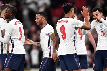 Raheem Sterling (C) of England celebrates with teammates after scoring during the International Friendly soccer match between England and Ivory Coast at Wembley in London, Britain, 29 March 2022.   EPA / VINCENT MIGNOTT