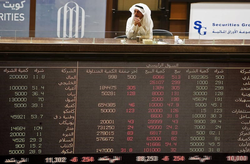 A trader follows the stock market at Boursa Kuwait, the national stock market of Kuwait, on September 19, 2019 in Kuwait City. Saudi shares slumped at the start of trading on September 15, the first session after drone attacks on two major oil facilities knocked out more than half the OPEC kingpin's production. Other bourses in the Gulf also dropped. Dubai Financial Market was down 1.1 percent, Abu Dhabi and Qatar markets declined 0.4 percent each, while Kuwait shares sank 0.8 percent and Bahrain's bourse slid 0.9 percent. / AFP / Yasser Al-Zayyat
