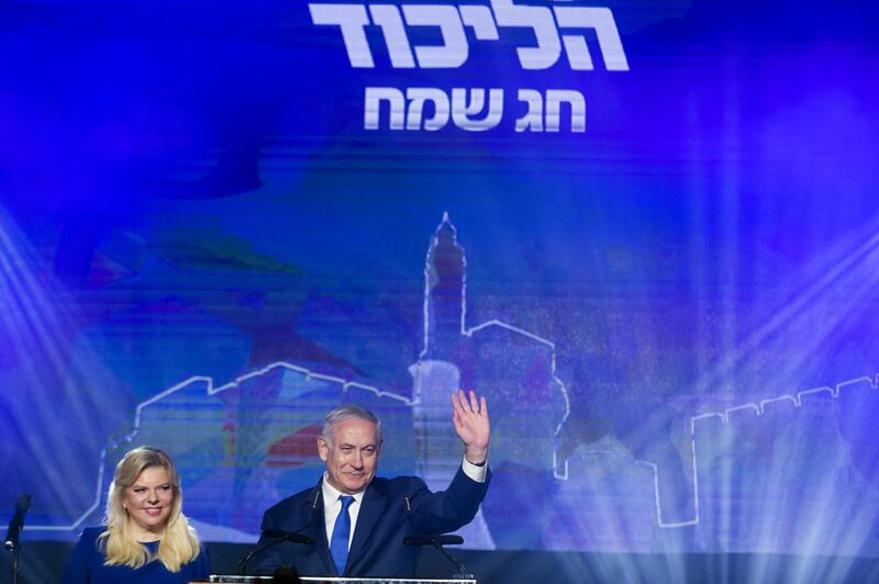 JERUSALEM, ISRAEL - APRIL 16:  Israeli Prime Minster, Benjamin Netanyahu and his wife, Sara greet supporters during a gathering of the Likud Party to mark the Jewish holiday of Passover on April 16, 2019 in Jerusalem, Israel. Prime Minister Benjamin Netanyahu received threshold of 61 recommendations and will form the next Israeli goverment.  (Photo by Amir Levy/Getty Images)