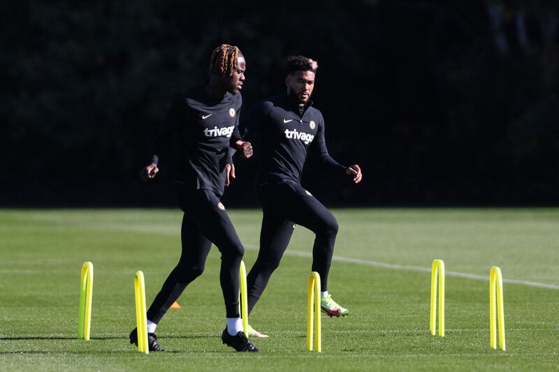 Chelsea defenders Trevoh Chalobah and Reece James during training. AFP