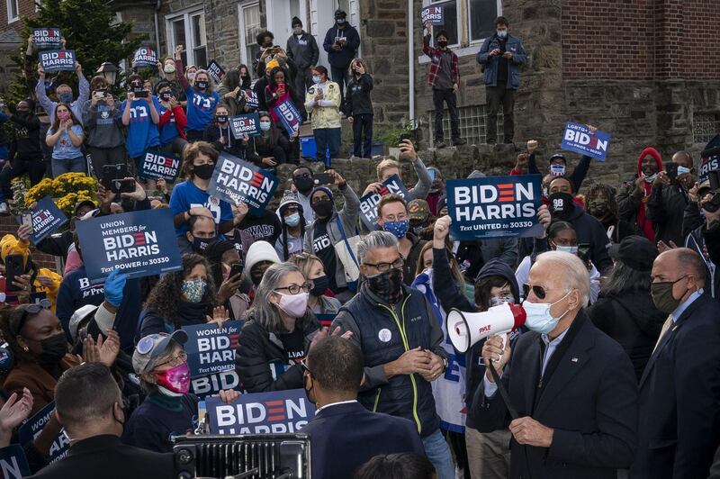 Democratic presidential nominee Joe Biden rallies supporters in the West Oak Lane neighborhood of Philadelphia. Getty Images