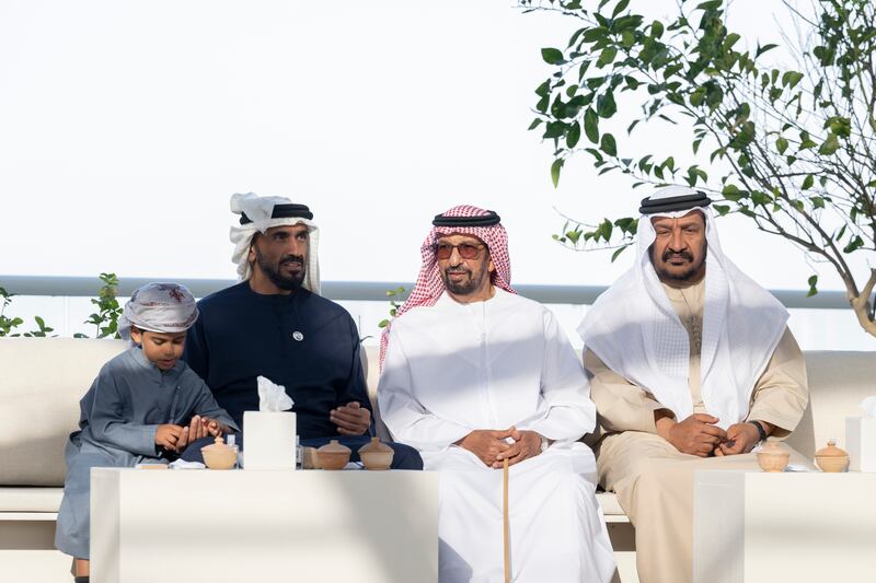 Sheikh Saeed bin Mohamed, right, Hamad bin Suhail Al Khaili, second right, Sheikh Nahyan bin Zayed, second left, and Sheikh Mohamed bin Nahyan bin Zayed, left, attend the meeting.