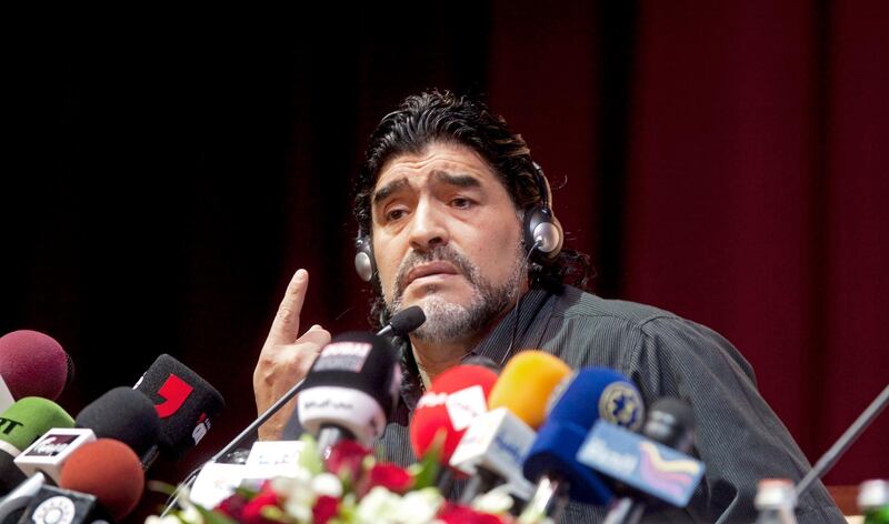 Dubai - June 4, 2011 - Diego Maradona during the press conference where he was introduced as the new head football coach for Al Wasl Football Club at the Jumeirah Zabeel Saray Hotel on Palm Jumeirah in Dubai, June 4, 2011. (Photo by Jeff Topping/The National) 

 