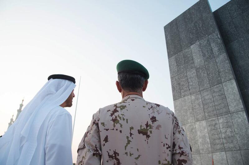 Sheikh Mohammed and Lt Gen Hamad Al Romaithi visit Wahat Al Karama on Wednesday. Mohamed Al Suwaidi / Crown Prince Court — Abu Dhabi