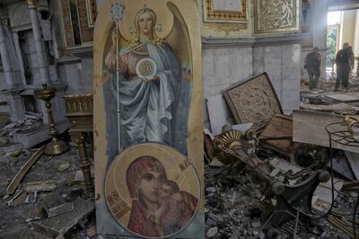 Debris strewn around the inside of the Transfiguration Cathedral. Reuters