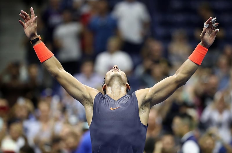 Rafael Nadal celebrates his five-set win in the men's singles quarter-final match against Dominic Thiem at the 2018 US Open in New York City. Julian Finney/Getty Images