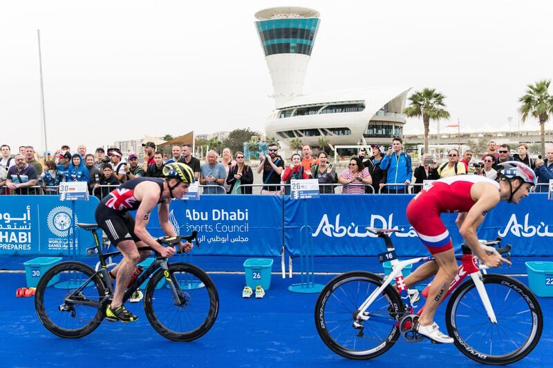 ABU DHABI, UNITED ARAB EMIRATES - MARCH 03, 2018.

Athletes at the Elite Men Abu Dhabi Triathlon at  the 20km bike ride.

(Photo: Reem Mohammed/ The National)

Reporter: AMITH PASSATH
Section: SP

