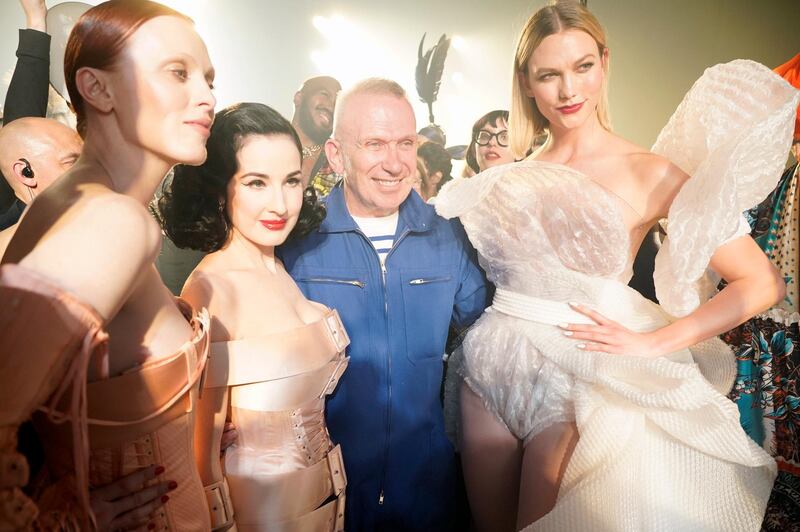 From left: Karen Elson, Dita Von Teese, Jean Paul Gaultier and Karlie Kloss are seen backstage after the Jean Paul Gaultier show at Theatre du Chatelet on January 22, 2020 in Paris, France. Getty