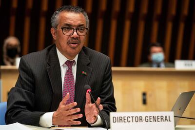 A handout photograph taken and released by the World Health Organisation (WHO) on May 24, 2021, shows the Director General of the World Health Organization (WHO) Tedros Adhanom Ghebreyesus delivering a speech during the 74th World Health Assembly, at the WHO headquarters, in Geneva. Vaccine sharing, strengthening the WHO and adopting a pandemic treaty were among proposals from world leaders on May 24, 2021 on how to halt the Covid-19 pandemic and prevent future health catastrophes. - RESTRICTED TO EDITORIAL USE - MANDATORY CREDIT "AFP PHOTO / World Health Organisation / Christopher BLACK " - NO MARKETING - NO ADVERTISING CAMPAIGNS - DISTRIBUTED AS A SERVICE TO CLIENTS
 / AFP / World Health Organization / Christopher Black / RESTRICTED TO EDITORIAL USE - MANDATORY CREDIT "AFP PHOTO / World Health Organisation / Christopher BLACK " - NO MARKETING - NO ADVERTISING CAMPAIGNS - DISTRIBUTED AS A SERVICE TO CLIENTS
