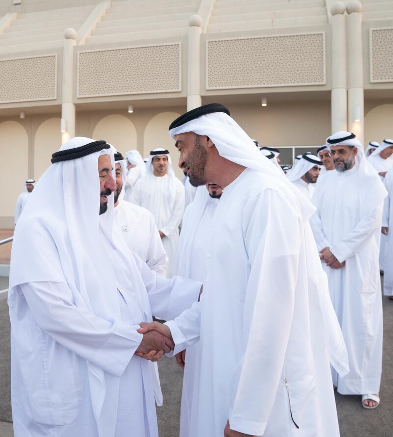 ABU DHABI, UNITED ARAB EMIRATES - October 02, 2019: HH Sheikh Mohamed bin Zayed Al Nahyan, Crown Prince of Abu Dhabi and Deputy Supreme Commander of the UAE Armed Forces (R) and HH Dr Sheikh Sultan bin Mohamed Al Qasimi, UAE Supreme Council Member and Ruler of Sharjah (L), attend condolences of the late Suhail bin Mubarak Al Ketbi, at Al Mushrif Palace. 

( Mohamed Al Hammadi / Ministry of Presidential Affairs )
---
