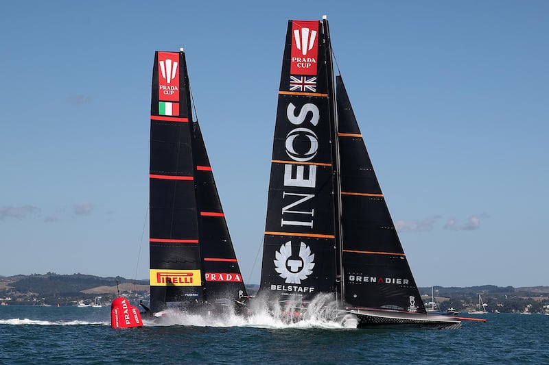 Prada Luna Rossa in action against Ineos Team UK during Race 5 of the Prada Cup Final at Auckland Harbour on Sunday, February 20. Getty