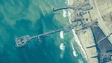 The US pier to bring maritime aid to Gaza, pictured on May 16, before it was damaged by storms. Central Command / AP