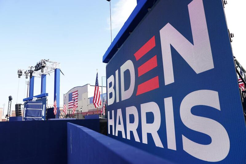 A stage set up by the campaign of Joe Biden sits ready in Wilmington. Reuters