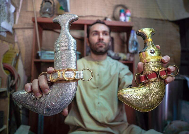 From his workshop inside Heritage Village, Younis Al Fallah crafts pieces and talks to tourists and visitors