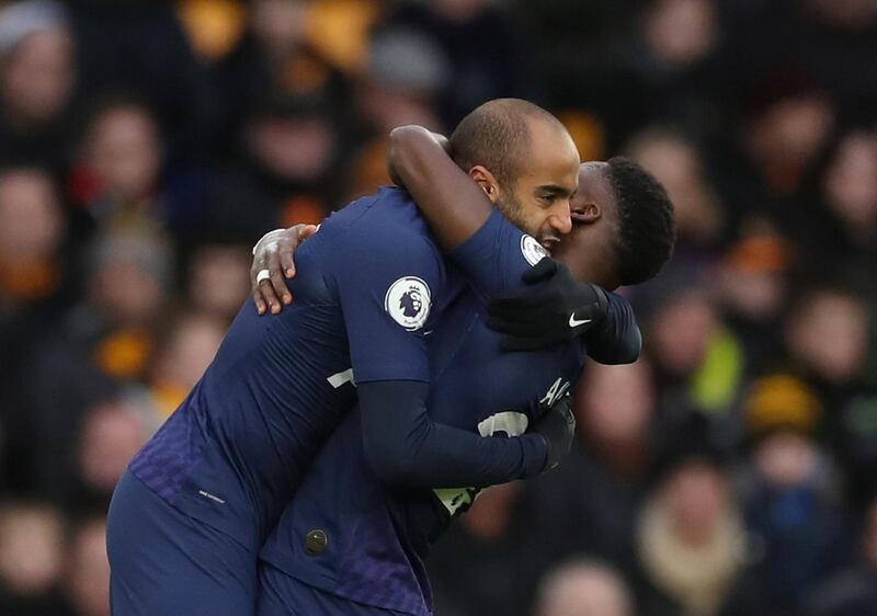 Tottenham Hotspur's Lucas Moura celebrates scoring their first goal against Wolves with Serge Aurier. Reuters