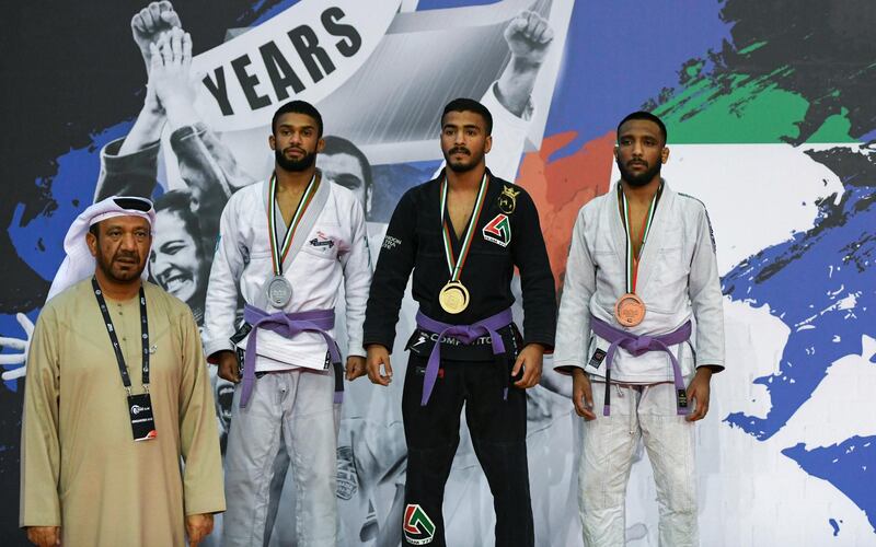 Abu Dhabi, United Arab Emirates - Hamad Nawad wins first place for the purple belt category at the Abu Dhabi Grand Slam championship in Jiu-Jitsu, in the Mubadala Arena. Khushnum Bhandari for The National