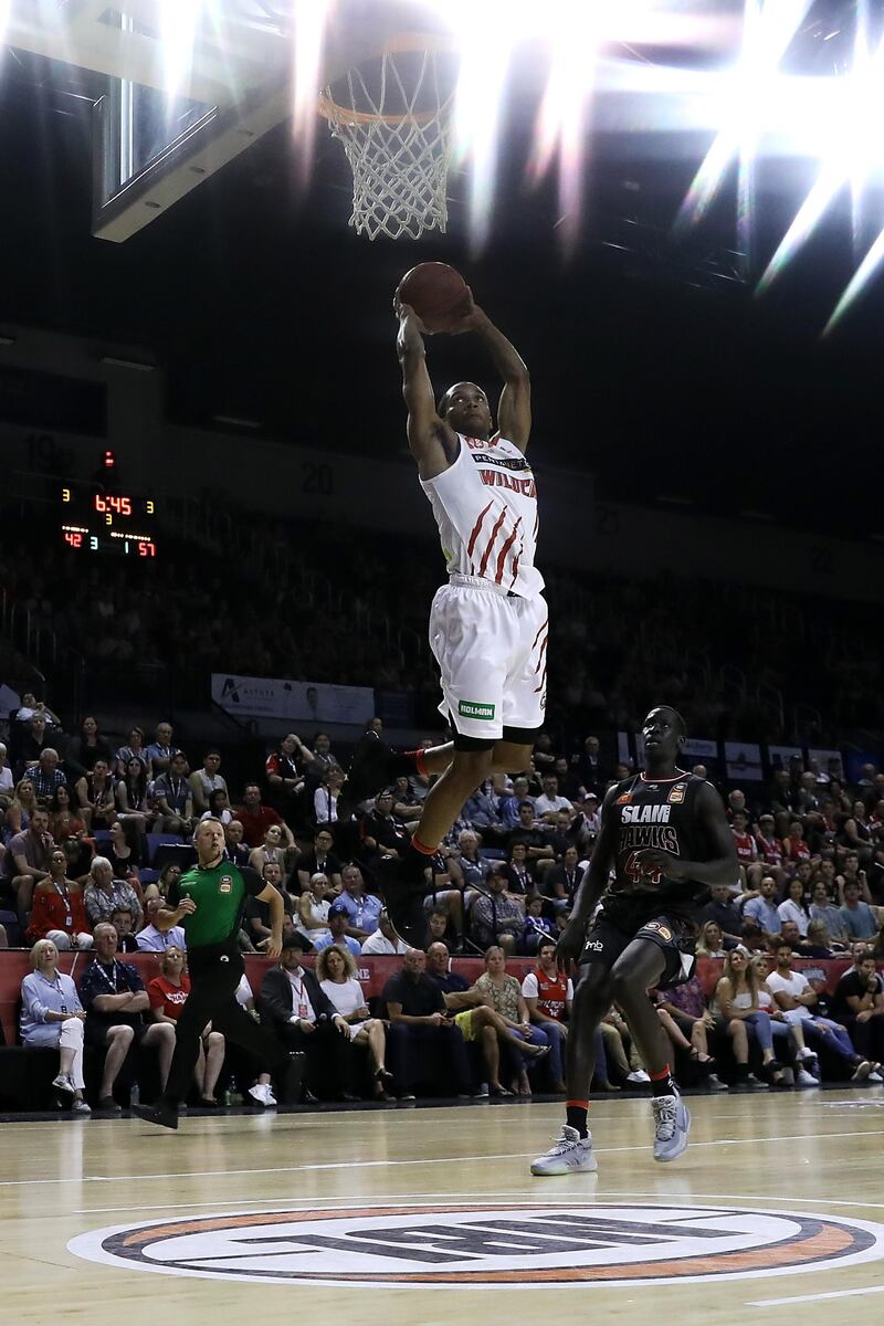 Bryce Cotton of the Perth Wildcats dunks during the NBL match against the Illawarra Hawks  in Wollongong, Australia, on Friday, January 10. Getty