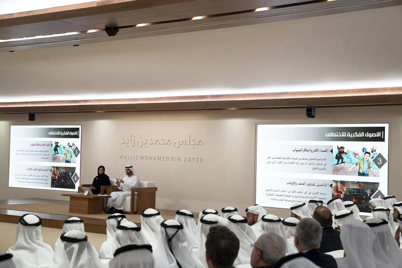 ABU DHABI, UNITED ARAB EMIRATES - May 21, 2018: Guests listen to a lecture by Omar Habtoor Al Darei (back R) titled "Reclaiming Religion In The Age of Extremism", at Majlis Mohamed bin Zayed. 

( Mohamed Al Hammadi / Crown Prince Court - Abu Dhabi )
---
