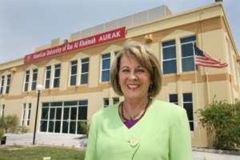 RAS al KHAIMAH. 1st September. 2009. Prof., Sharon Siverts, President of the American University of Ras al Khaimah outside one of the newly refurbished university buildings. Stephen Lock  /  The National . *** Local Caption ***  SL-american-003.jpg