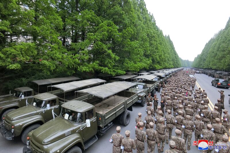 The Korean People's Army medical corps attend the launch of a campaign to improve the supply of medicines amid the coronavirus disease pandemic, in Pyongyang, North Korea, in this undated photo released by North Korea's Korean Central News Agency (KCNA). Reuters