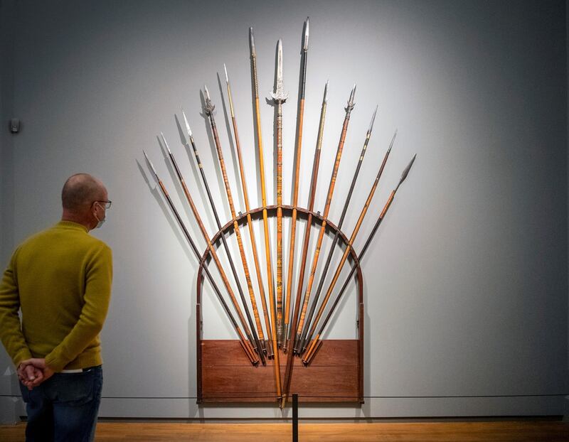 The spear rack of J.C. Baud, Governor-General of the Dutch East Indies, c. 1834, is displayed at the Rijksmuseum in Amsterdam, Netherlands October 10, 2020. Picture taken October 10, 2020. REUTERS/Piroschka van de Wouw