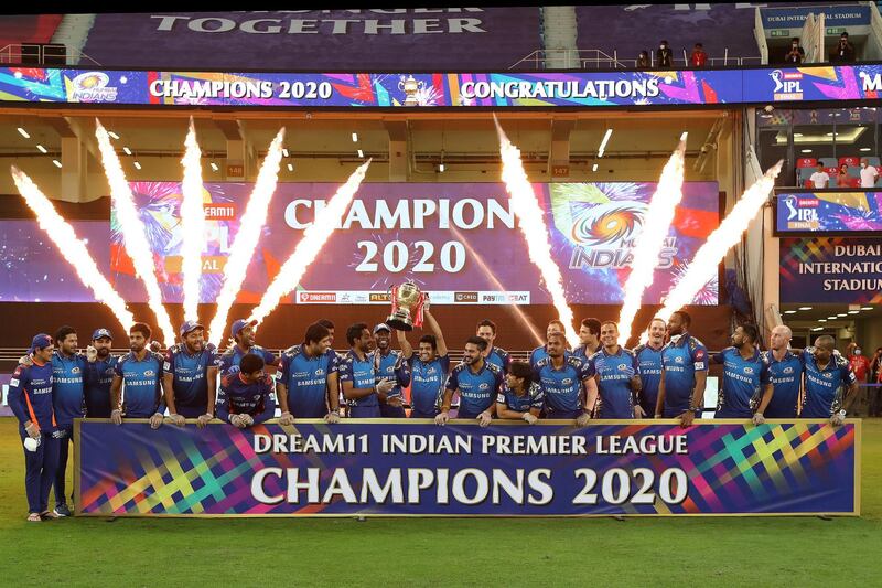 Mumbai Indians are crowned champions during the final of season 13 of the Dream 11 Indian Premier League (IPL) between the Mumbai Indians and the Delhi Capitals held at the Dubai International Cricket Stadium, Dubai in the United Arab Emirates on the 10th November 2020.  Photo by: Ron Gaunt  / Sportzpics for BCCI
