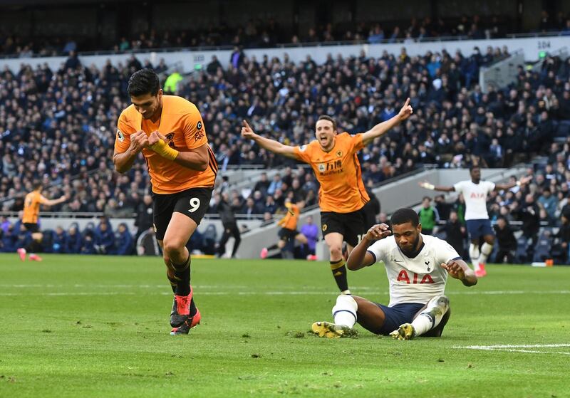 epa08262488 Raul Jimenez of Wolverhampton (L) celebrates scoring a goal during the English Premier League match between Tottenham Hotspur and Wolverhampton Wanderers held at the Tottenham stadium in London, Britain, 01 March 2020.  EPA/FACUNDO ARRIZABALAGA EDITORIAL USE ONLY. No use with unauthorized audio, video, data, fixture lists, club/league logos or 'live' services. Online in-match use limited to 120 images, no video emulation. No use in betting, games or single club/league/player publications