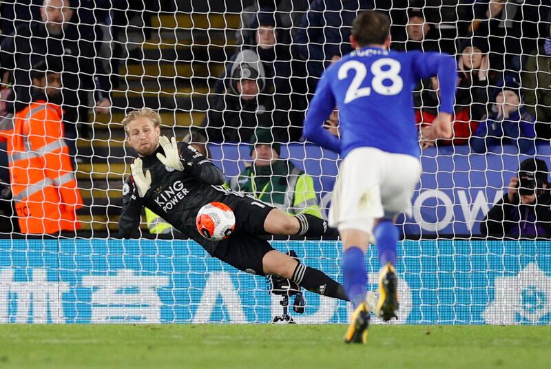 Leicester City's Kasper Schmeichel saves from Aguero's penalty. Reuters