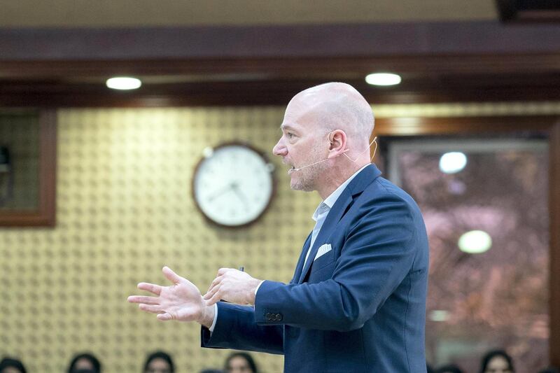 ABU DHABI, UNITED ARAB EMIRATES -January 31, 2018: Andrew McAfee, Principal Research Scientist at MIT Sloan School of Management (C), delivers a lecture titled "The Future of Jobs in the Age of Artificial Intelligence", at Majlis Mohamed bin Zayed.

( Rashed Al Mansoori / Crown Prince Court - Abu Dhabi )
---