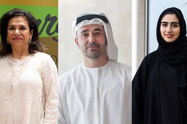 From left: Emirati authors Maha Gargash, Omar Saif Ghobash and Shamma Al Bastaki. Pawan Singh, Mona Al Marzooqi, Christopher Pike / The National 