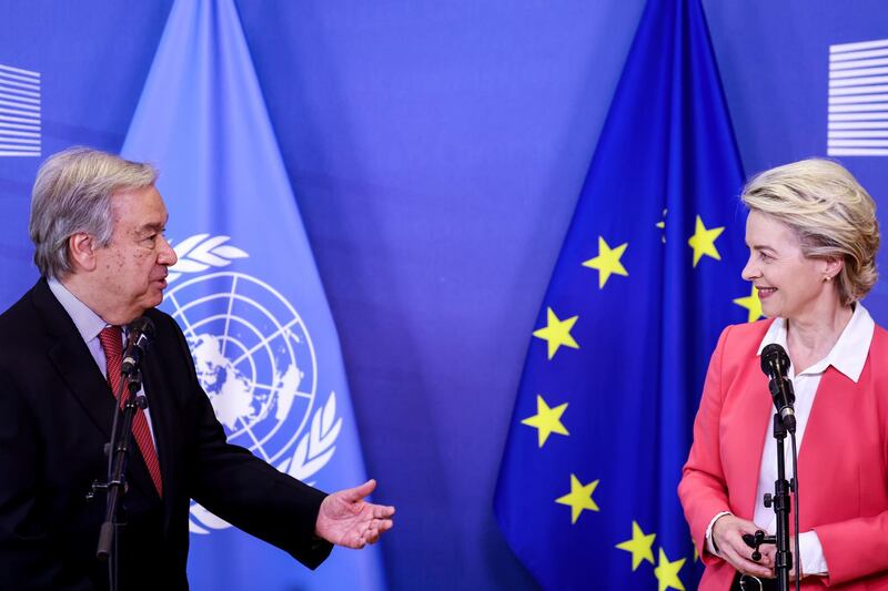 epa09295087 European Commission President Ursula von der Leyen (R) welcomes Secretary-General of the United Nations, Antonio Guterres before their meeting at the EU headquarters in Brussels, Belgium, 23 June 2021.  EPA/KENZO TRIBOUILLARD / POOL