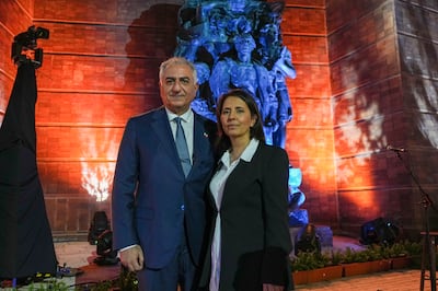 Iran's exiled crown prince Reza Pahlavi, the son of Iran's last shah,  and Israeli Intelligence Minister Gila Gamliel pose for photographers ahead of the opening ceremony of the Holocaust Martyrs and Heroes Remembrance Day in Jerusalem. AP