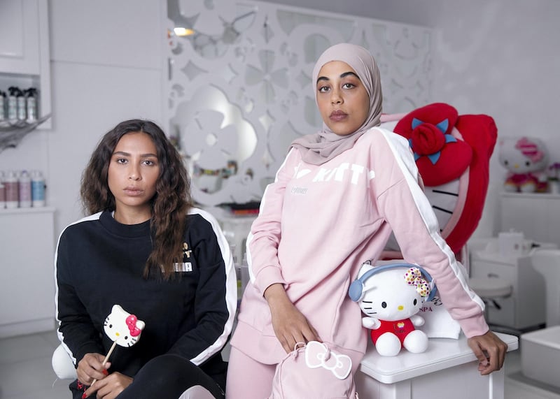 DUBAI, UNITED ARAB EMIRATES. 28 OCTOBER 2019. 

Puma influencers, Marwa Alshamry (also known as DJ Maww), left, and Junaynah El-Guthmy, dressed in the Puma X Hello Kitty collaboration at the Hello Kitty Beauty Spa in Dubai.

(Photo: Reem Mohammed/The National)

Reporter:
Section:
