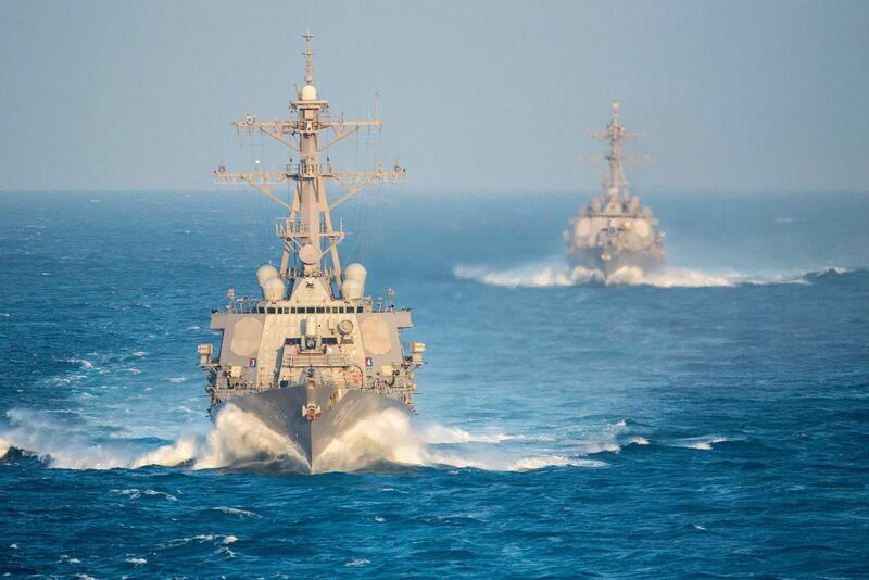 FFJT22 U.S Navy Arleigh Burke-class guided missile destroyers USS Ramage and USS Gonzalez transit the Strait of Bab el-Mandeb February 13, 2016 in the Arabian Gulf. (US Navy Photo / Alamy Stock Photo) *** Local Caption ***  fo23mr-yemen-elmandeb.jpg