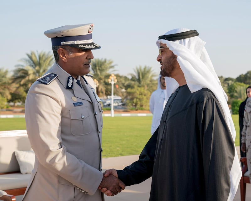 AL AIN, ABU DHABI, UNITED ARAB EMIRATES - December 04, 2017: HH Sheikh Mohamed bin Zayed Al Nahyan, Crown Prince of Abu Dhabi and Deputy Supreme Commander of the UAE Armed Forces (R), receives HE Major General Mohamed Khalfan Al Romaithi, Commander in Chief of Abu Dhabi Police and Abu Dhabi Executive Council Member (L), during a barza, at Al Maqam Palace.

( Mohamed Al Hammadi / Crown Prince Court - Abu Dhabi )
---