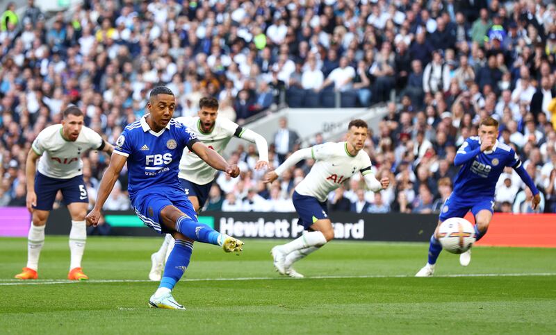 Youri Tielemans scores the opening goal for Leicester from the penalty spot. Getty