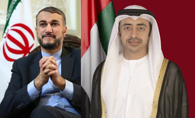 Sheikh Abdullah bin Zayed, Minister of Foreign Affairs and International Co-operation, congratulated Iran's new Minister of Foreign Affairs, Hossein Amir Abdullahian, on his appointment. Photo: WAM
