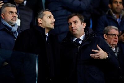 FILE PHOTO: Soccer Football - Premier League - Manchester City v Manchester United - Etihad Stadium, Manchester, Britain - December 7, 2019   Manchester City Chairman Khaldoon Al Mubarak and Chief Executive Ferran Soriano in the stands  Action Images via Reuters/Jason Cairnduff/File Photo  EDITORIAL USE ONLY. No use with unauthorized audio, video, data, fixture lists, club/league logos or "live" services. Online in-match use limited to 75 images, no video emulation. No use in betting, games or single club/league/player publications.  Please contact your account representative for further details.