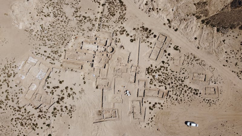 An aerial view of the central core of the monastic centre, with surrounding isolated buildings which could have been accommodation for monks. 