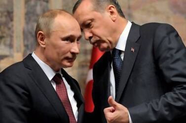 Turkish prime minister Recep Tayyip Erdogan, right, and Russian president Vladimir Putin at a news conference in Istanbul.