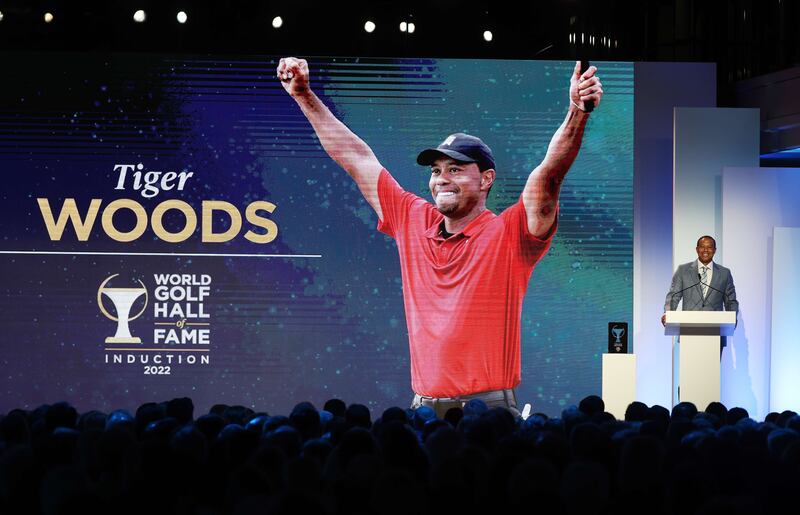 Tiger Woods speaks during the 2022 World Golf Hall of Fame Induction. AFP