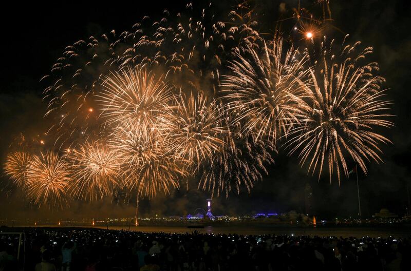 Abu Dhabi, United Arab Emirates - The massive colourful display of fireworks to ring in 2019 at the Corniche on December 31, 2018. Khushnum Bhandari for The National

