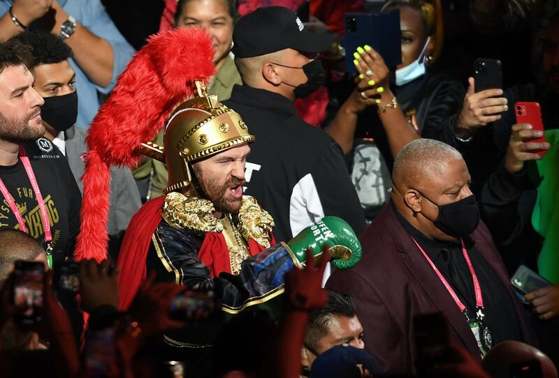 Tyson Fury on his way to the ring for his WBC heavyweight title fight with Deontay Wilder at T-Mobile Arena, Las Vegas on October 9, 2021. AFP