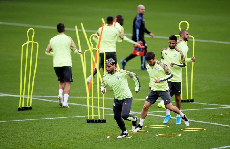The Manchester City squad training ahead of their Champions League clash against Dinamo Zagreb on Tuesday. Reuters