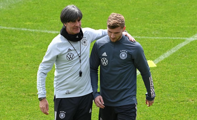 Germany's coach Joachim Low with forward Timo Werner at training in Seefeld, Austria. AFP