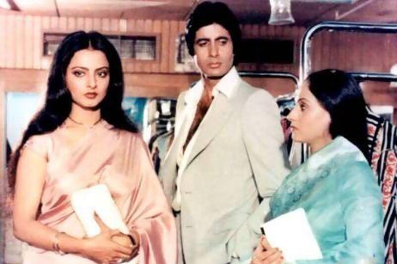 From left, Rekha, Amitabh Bachchan and Jaya Bachchan in a scene from Silsila. Courtesy Yash Raj Films