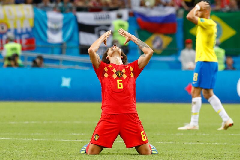 epa06869757 Axel Witsel of Belgium reacts after the FIFA World Cup 2018 quarter final soccer match between Brazil and Belgium in Kazan, Russia, 06 July 2018. Belgium won the match 2-1.

(RESTRICTIONS APPLY: Editorial Use Only, not used in association with any commercial entity - Images must not be used in any form of alert service or push service of any kind including via mobile alert services, downloads to mobile devices or MMS messaging - Images must appear as still images and must not emulate match action video footage - No alteration is made to, and no text or image is superimposed over, any published image which: (a) intentionally obscures or removes a sponsor identification image; or (b) adds or overlays the commercial identification of any third party which is not officially associated with the FIFA World Cup)  EPA/DIEGO AZUBEL   EDITORIAL USE ONLY