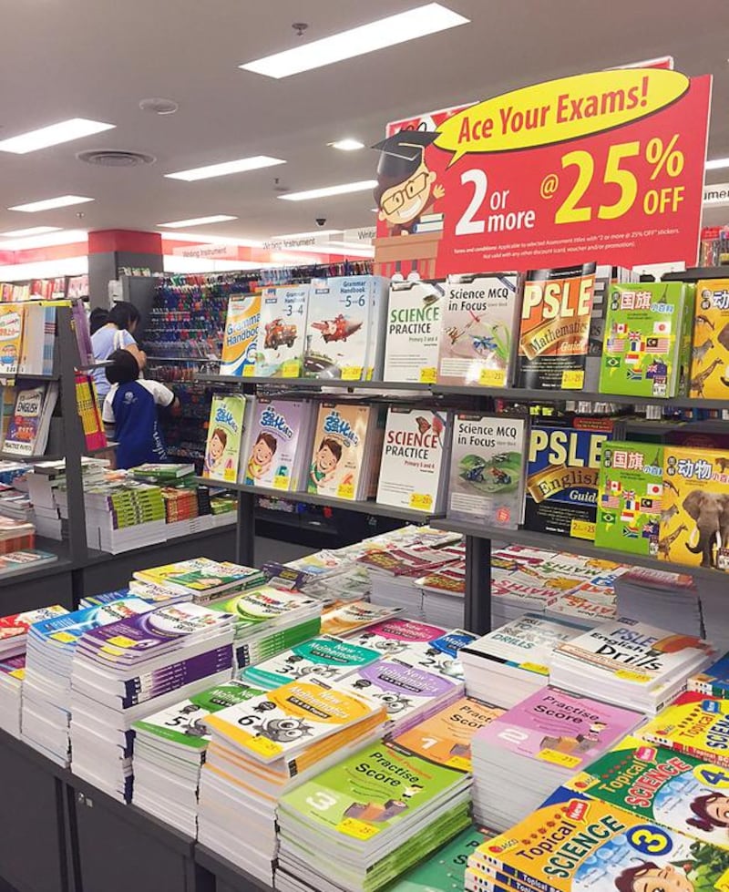 A bookstore in Singapore selling assessment books that prepare children for the national exams. Joanna Tan for The National